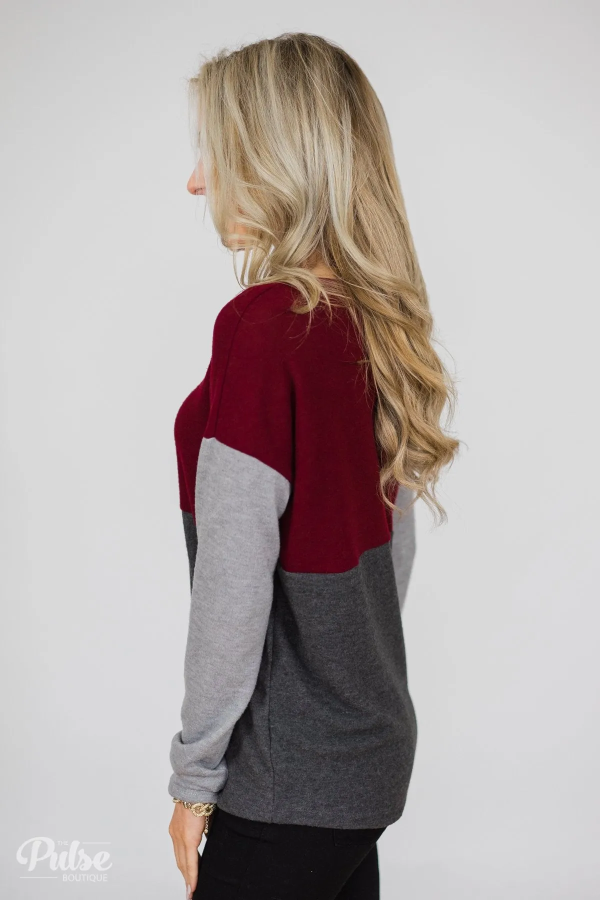 Can't Get Enough Color Block Top- Burgundy, Charcoal, Grey