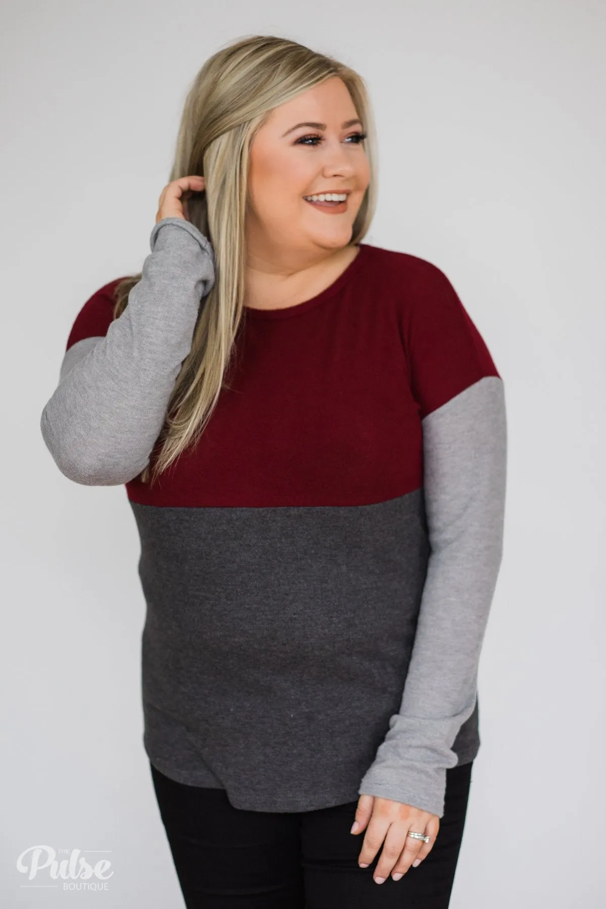 Can't Get Enough Color Block Top- Burgundy, Charcoal, Grey