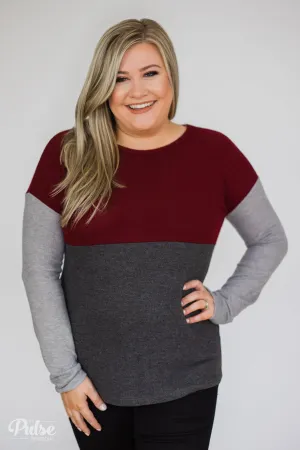 Can't Get Enough Color Block Top- Burgundy, Charcoal, Grey