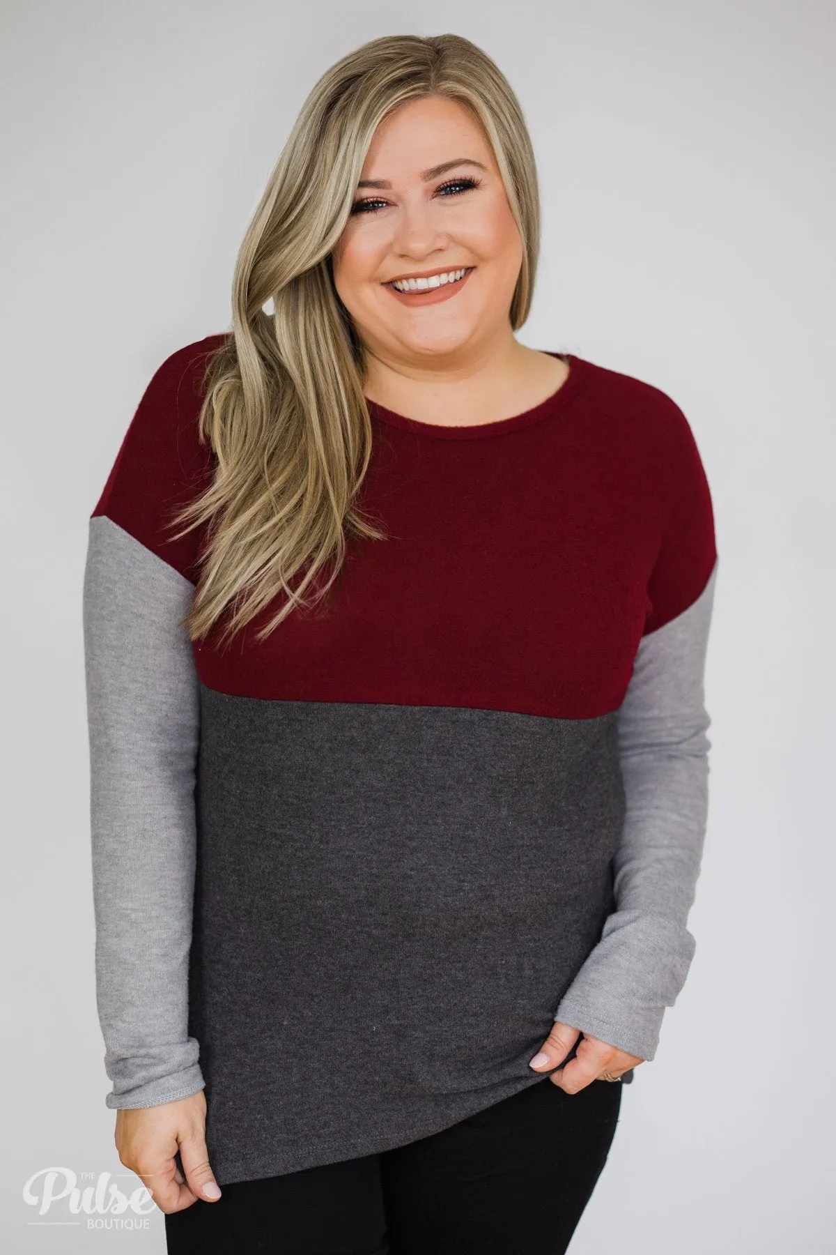 Can't Get Enough Color Block Top- Burgundy, Charcoal, Grey