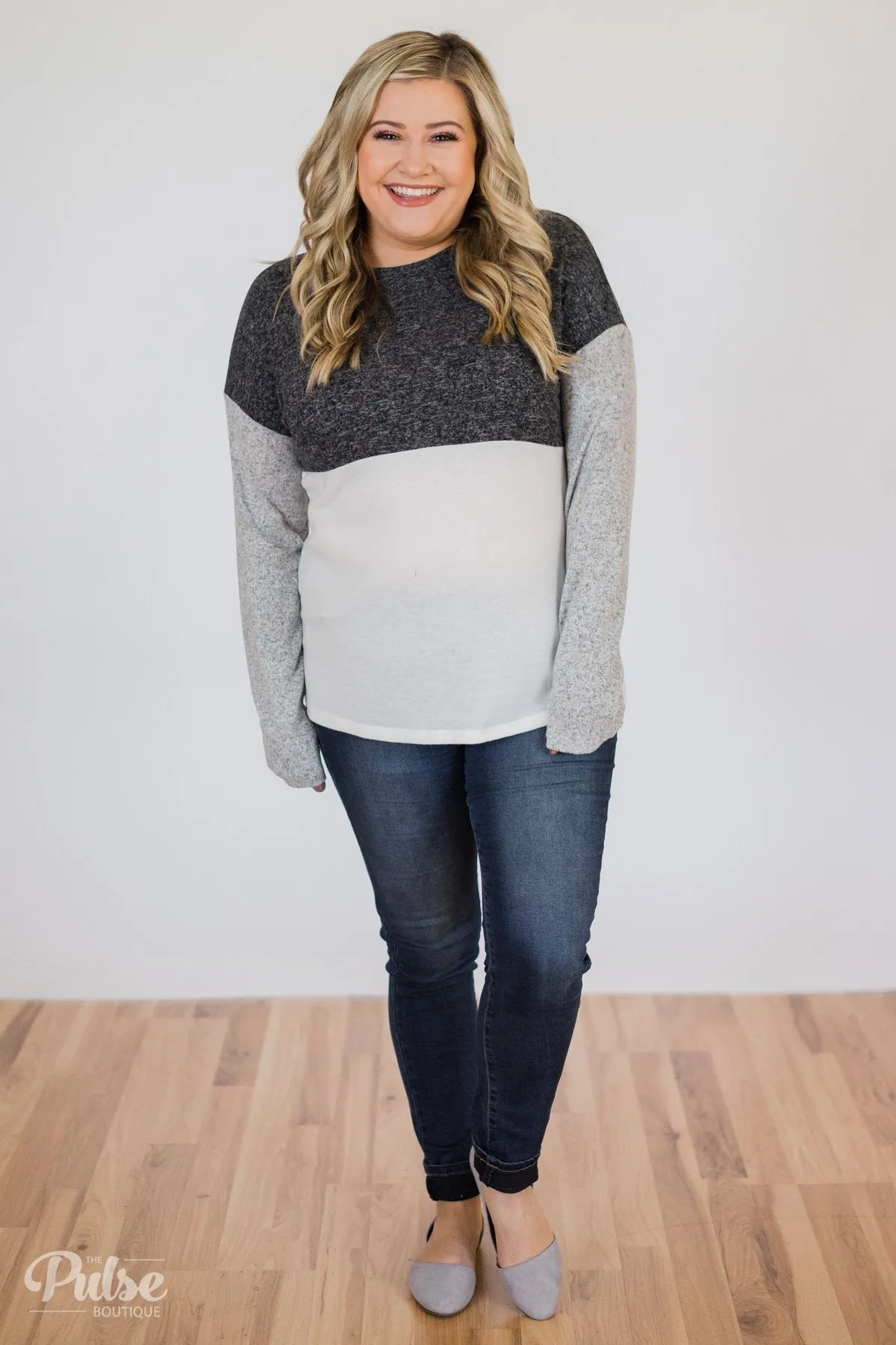 Can't Get Enough Color Block Top- Charcoal, Grey, Ivory