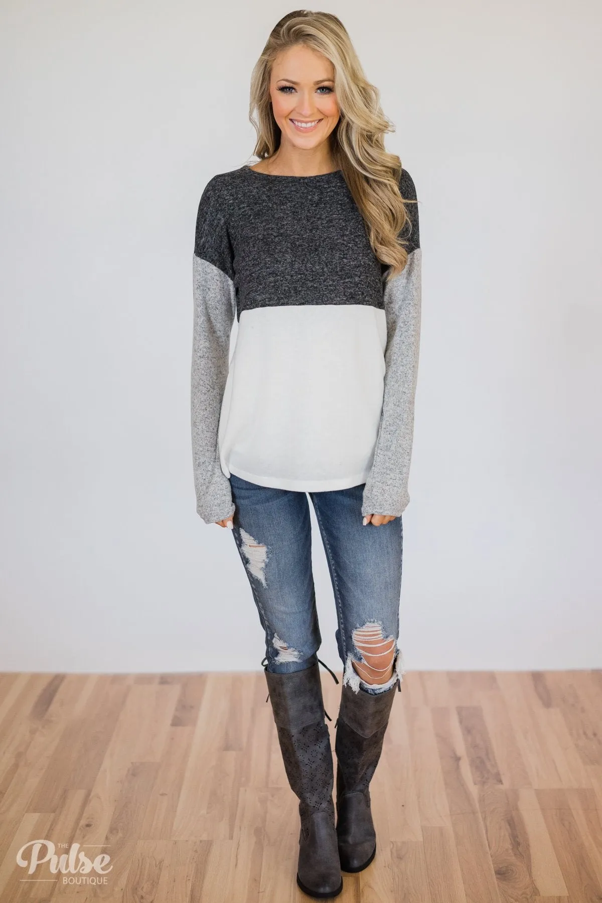 Can't Get Enough Color Block Top- Charcoal, Grey, Ivory
