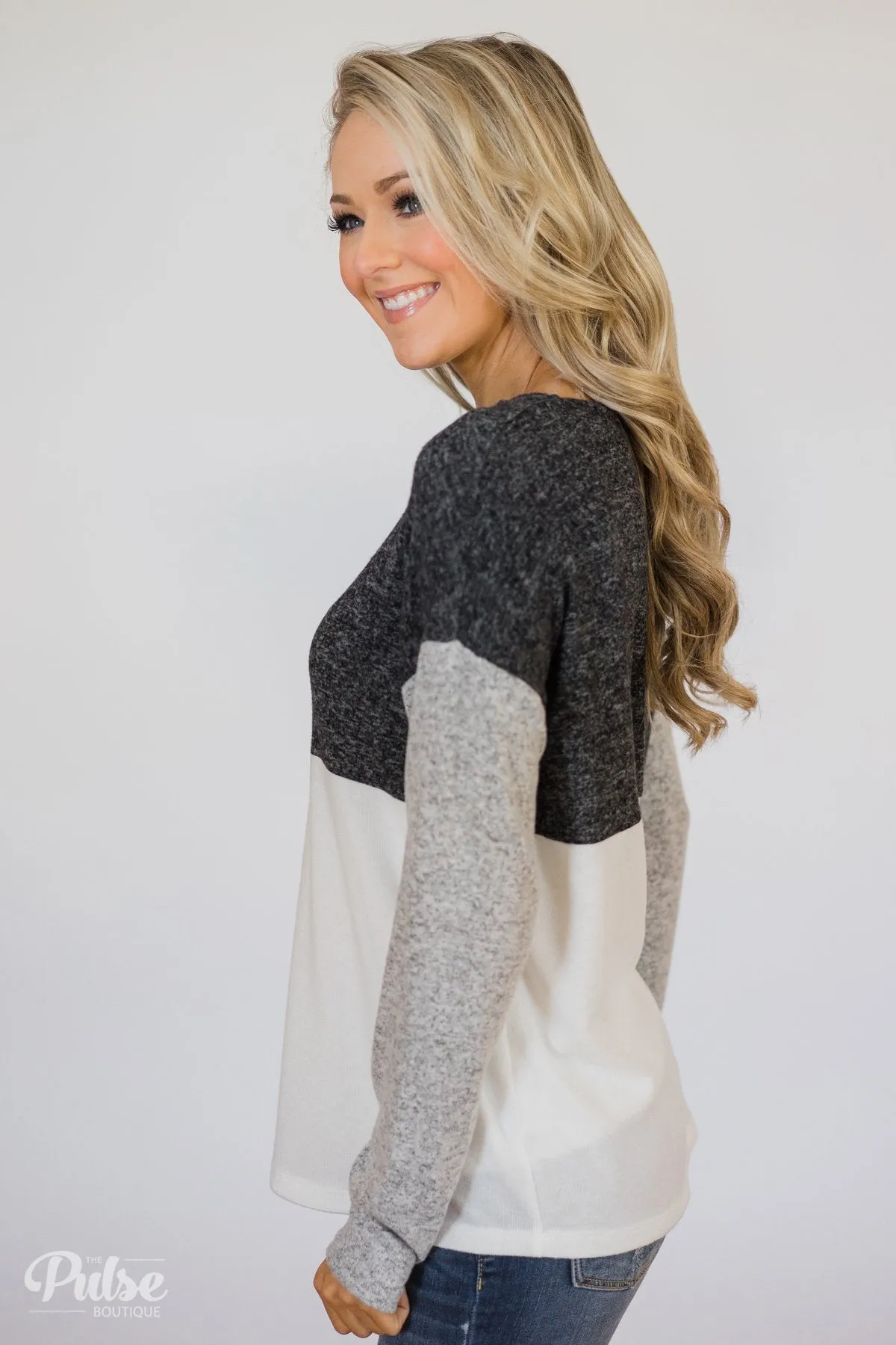 Can't Get Enough Color Block Top- Charcoal, Grey, Ivory