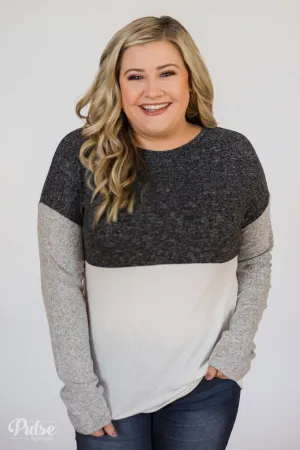 Can't Get Enough Color Block Top- Charcoal, Grey, Ivory