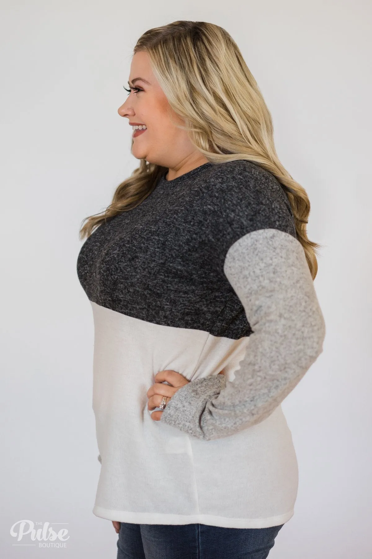 Can't Get Enough Color Block Top- Charcoal, Grey, Ivory