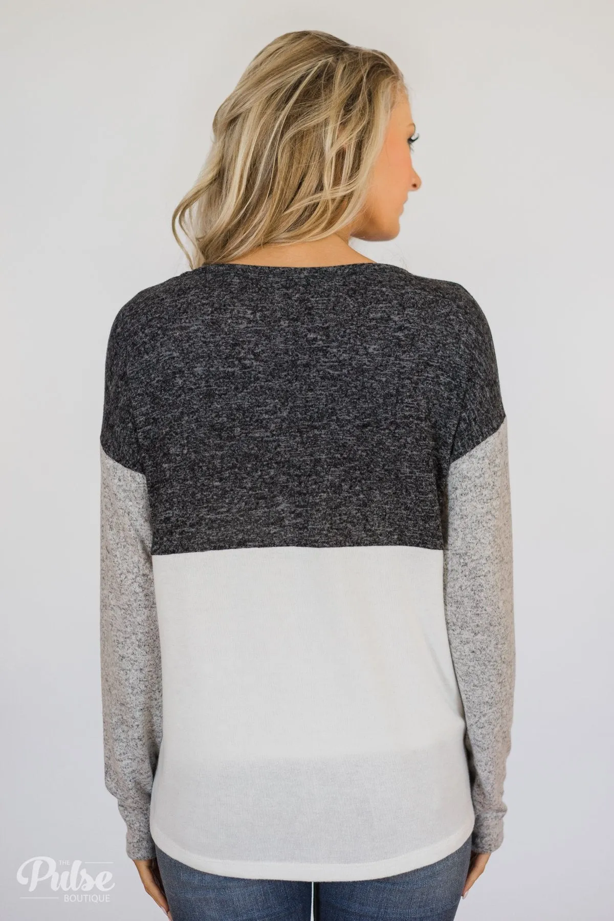 Can't Get Enough Color Block Top- Charcoal, Grey, Ivory