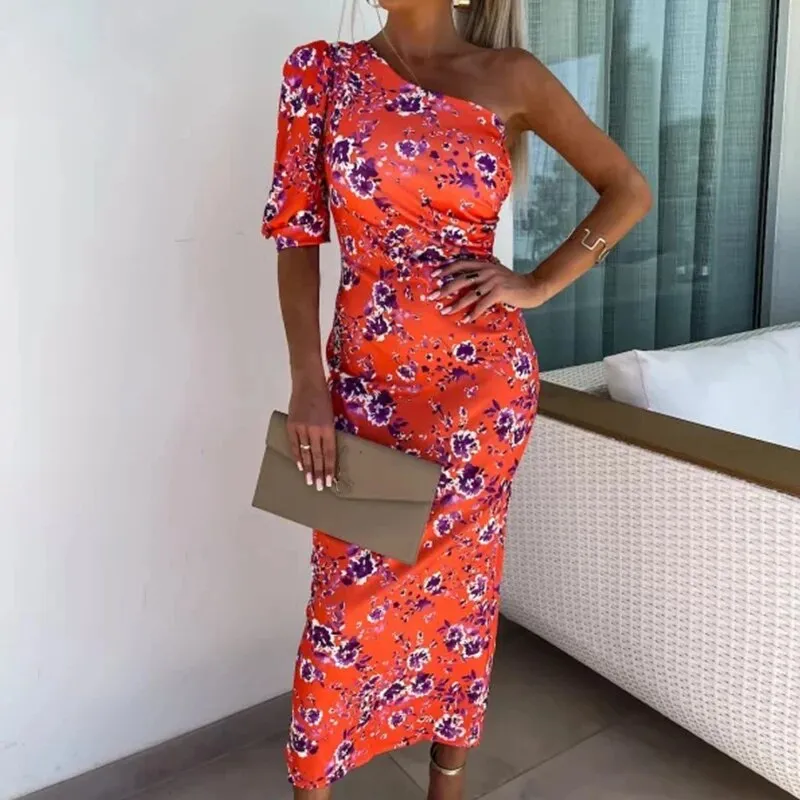 Celeste - One-shoulder dress with puff sleeves