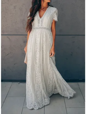 Celestia - Short Sleeve V-Neck Lace Maxi Dress