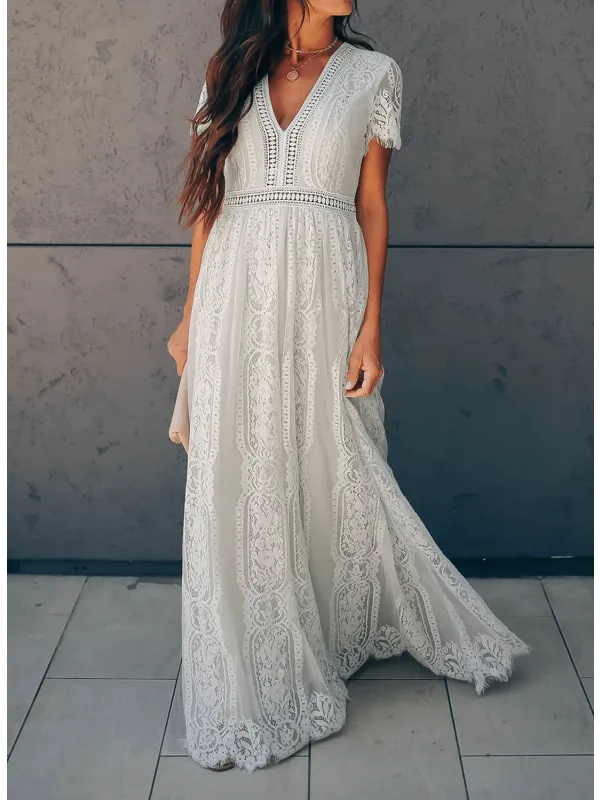 Celestia - Short Sleeve V-Neck Lace Maxi Dress