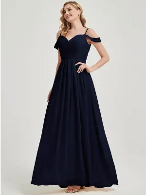 Cold Shoulder Spaghetti Straps Pleated Chiffon Dark Navy Bridesmaid Dress