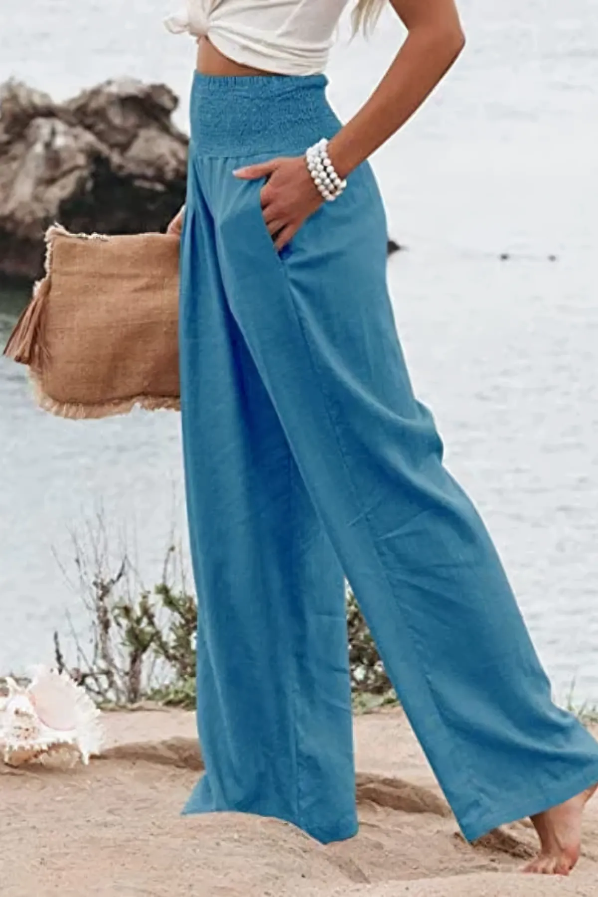 Cotton and linen high-waisted palazzo trousers - Tyra