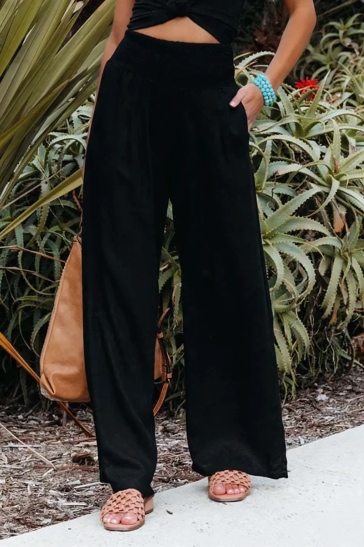 Cotton and linen high-waisted palazzo trousers - Tyra
