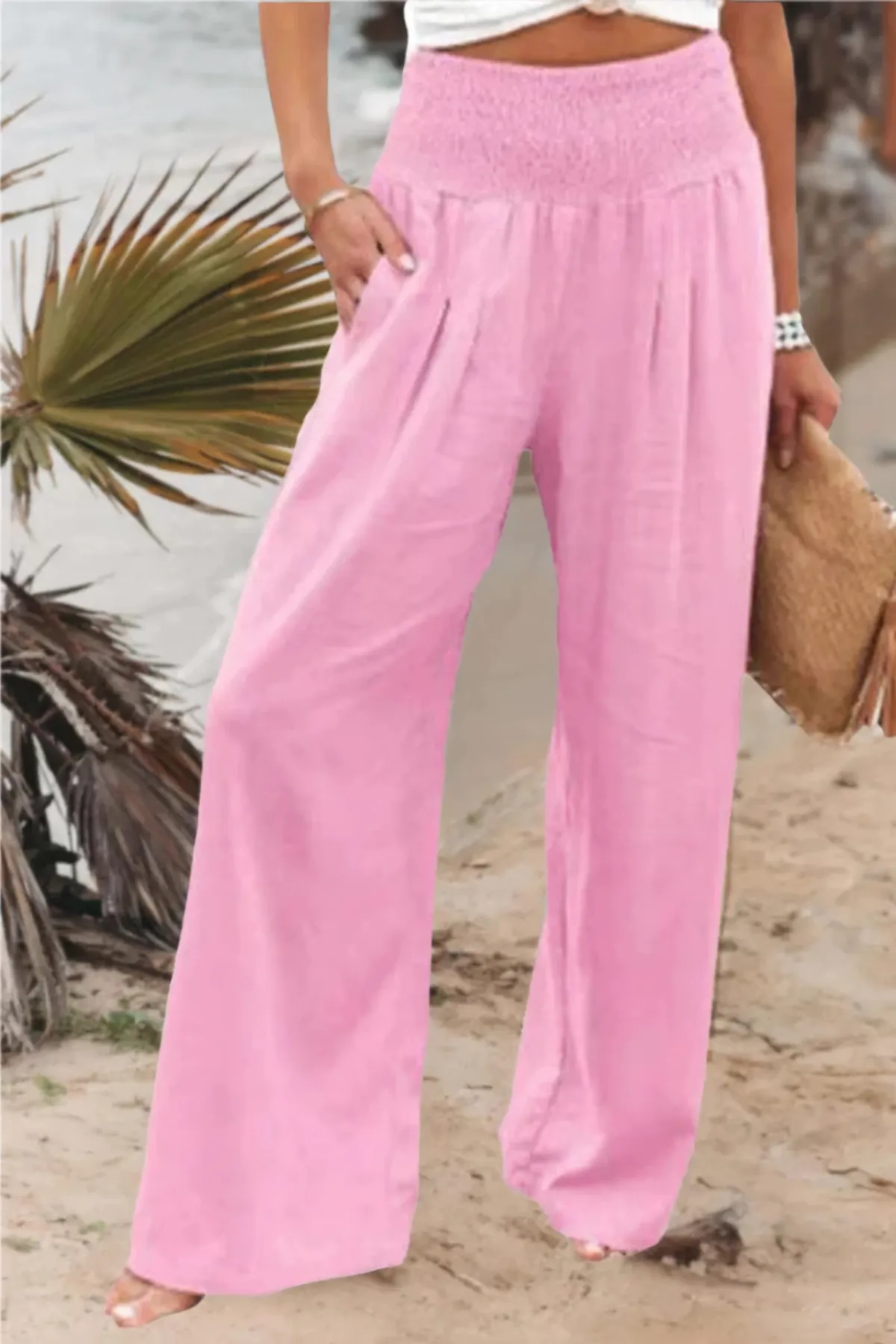 Cotton and linen high-waisted palazzo trousers - Tyra