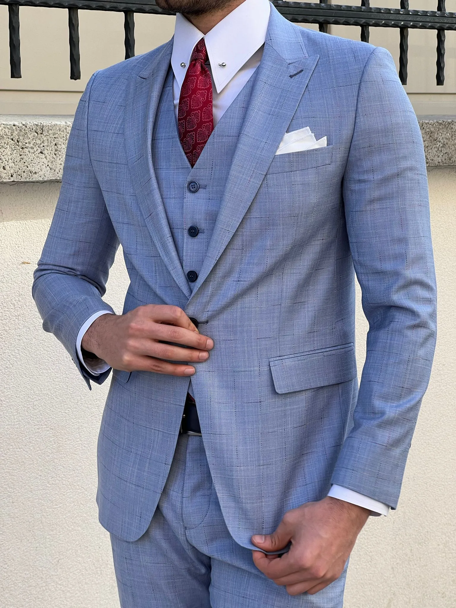 Edmond Blue Peak Lapel Plaid Wool Suit for the Modern Man