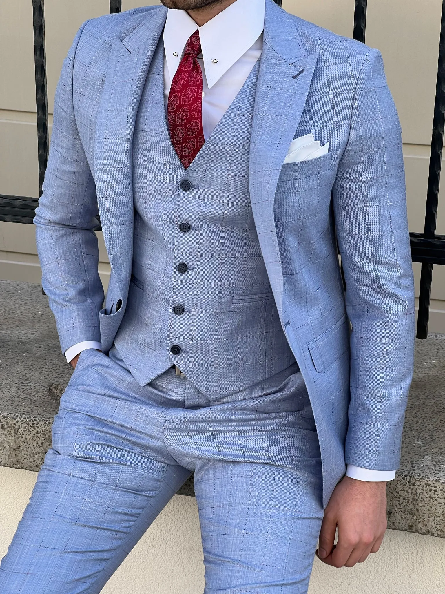 Edmond Blue Peak Lapel Plaid Wool Suit for the Modern Man