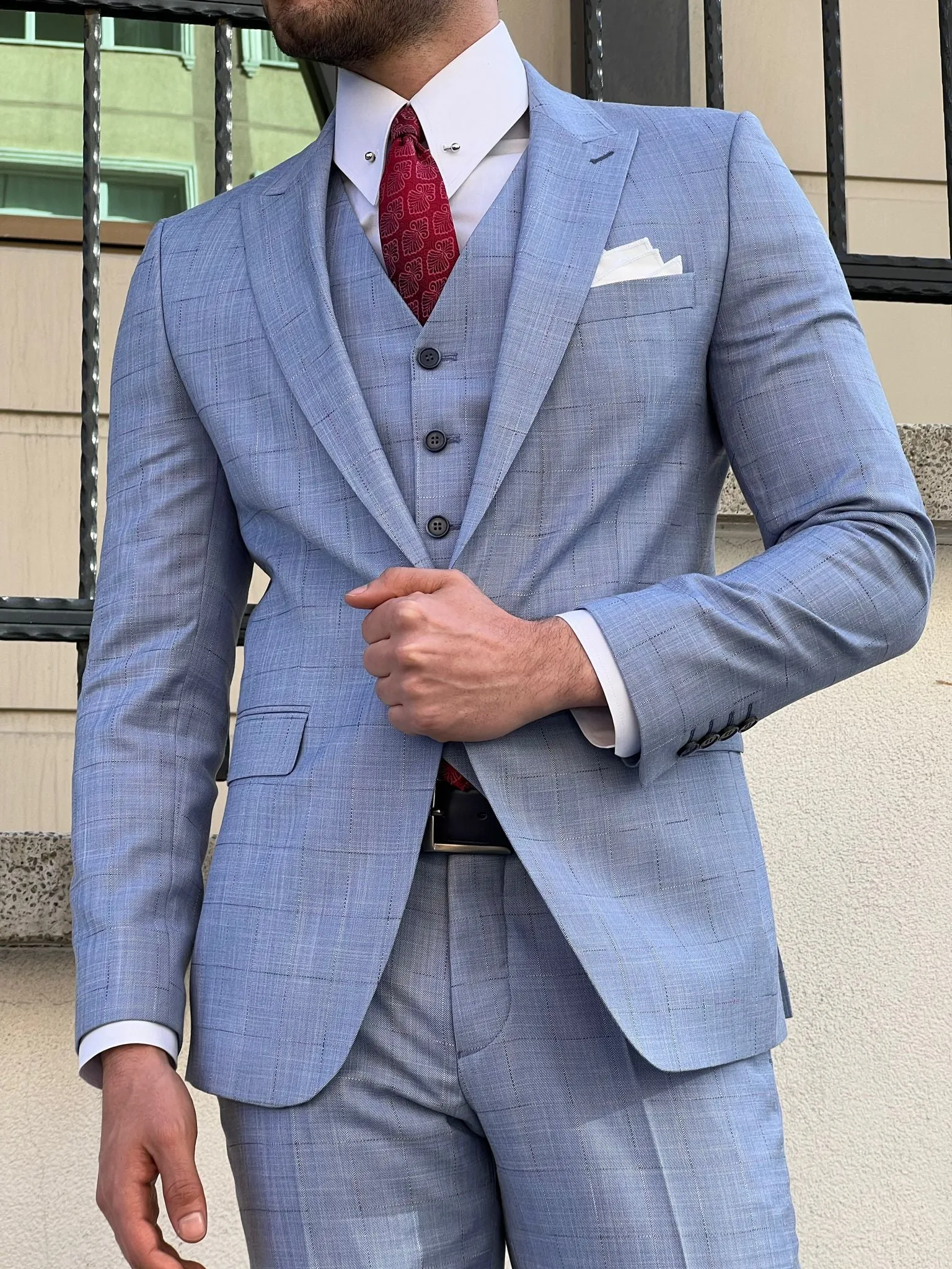 Edmond Blue Peak Lapel Plaid Wool Suit for the Modern Man