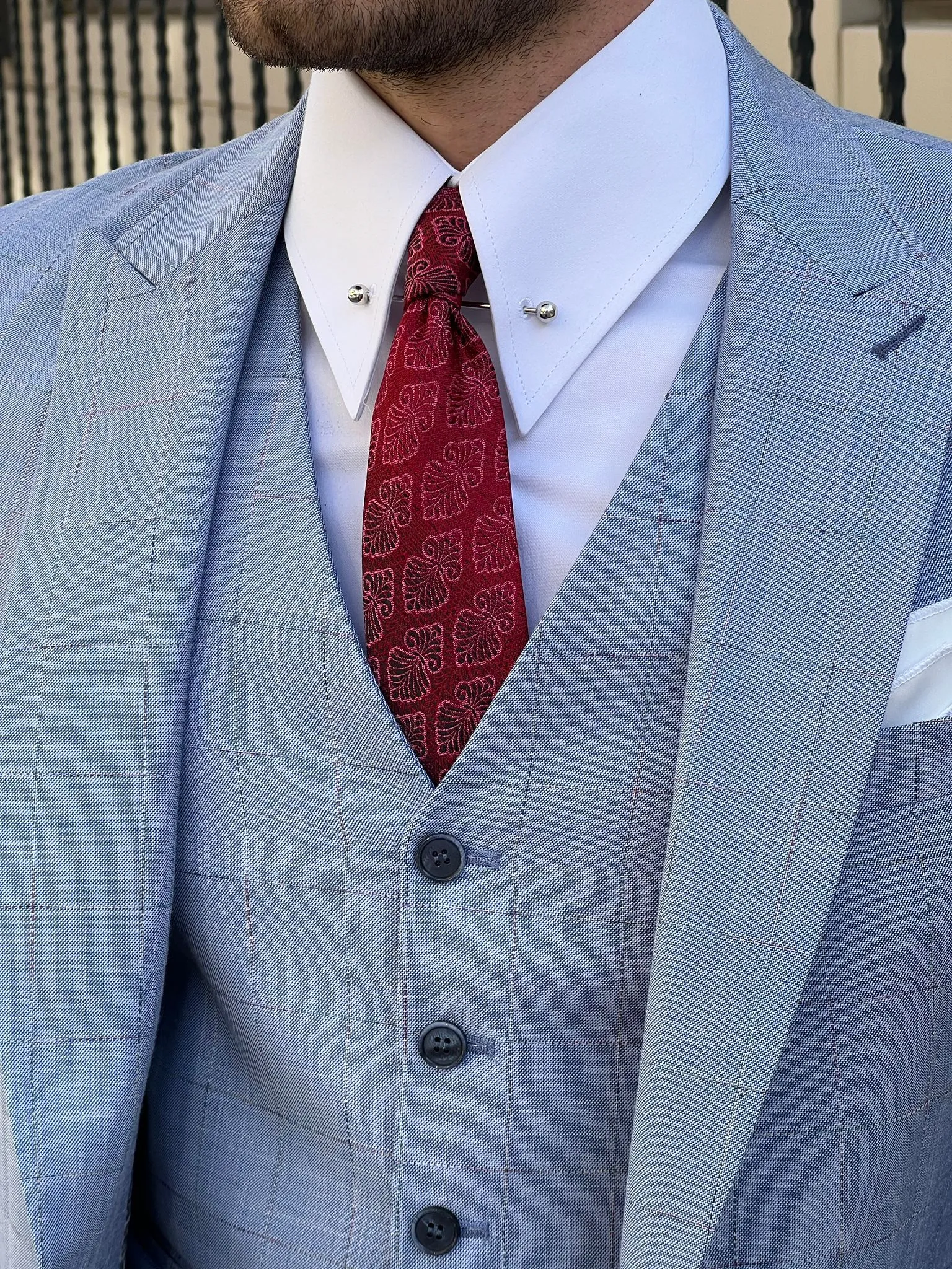 Edmond Blue Peak Lapel Plaid Wool Suit for the Modern Man