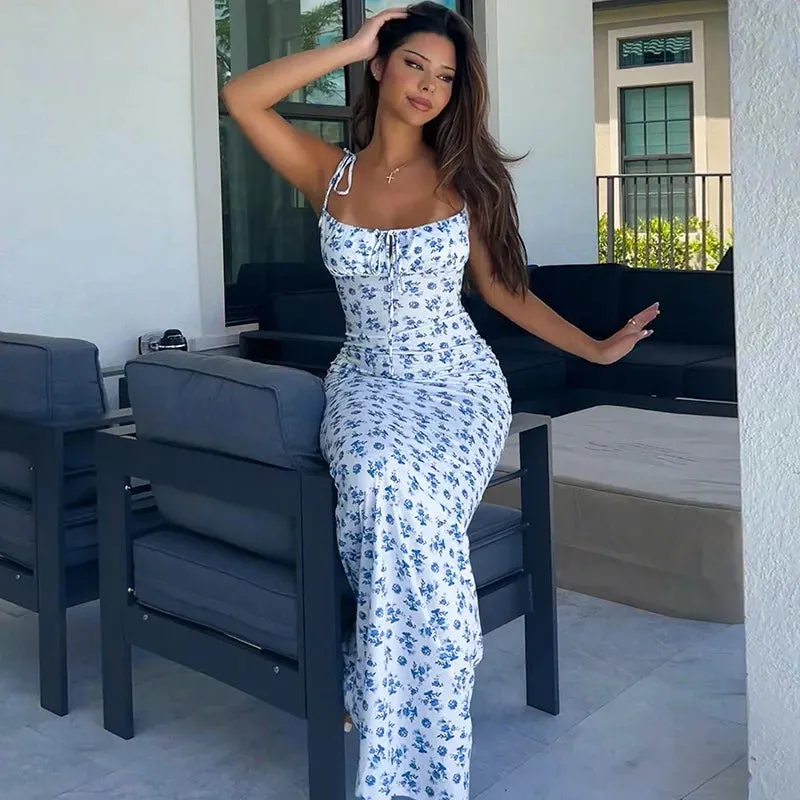 Elegant Floral Printed Spaghetti Strap Long Dress