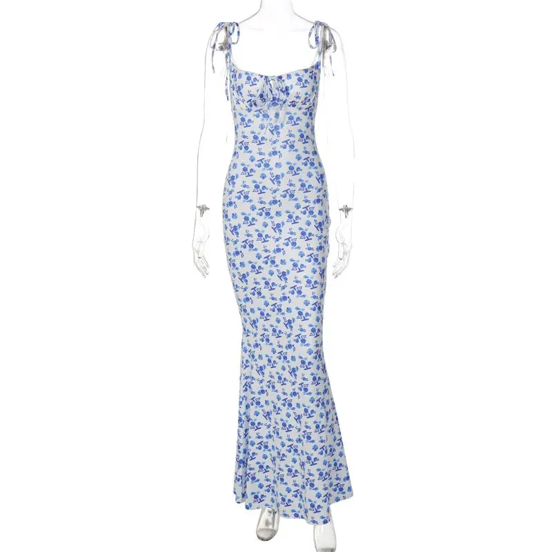 Elegant Floral Printed Spaghetti Strap Long Dress