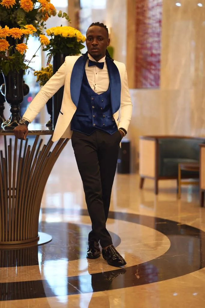 Empire Blue & White Slim Fit Velvet Shawl Lapel Wool Tuxedo