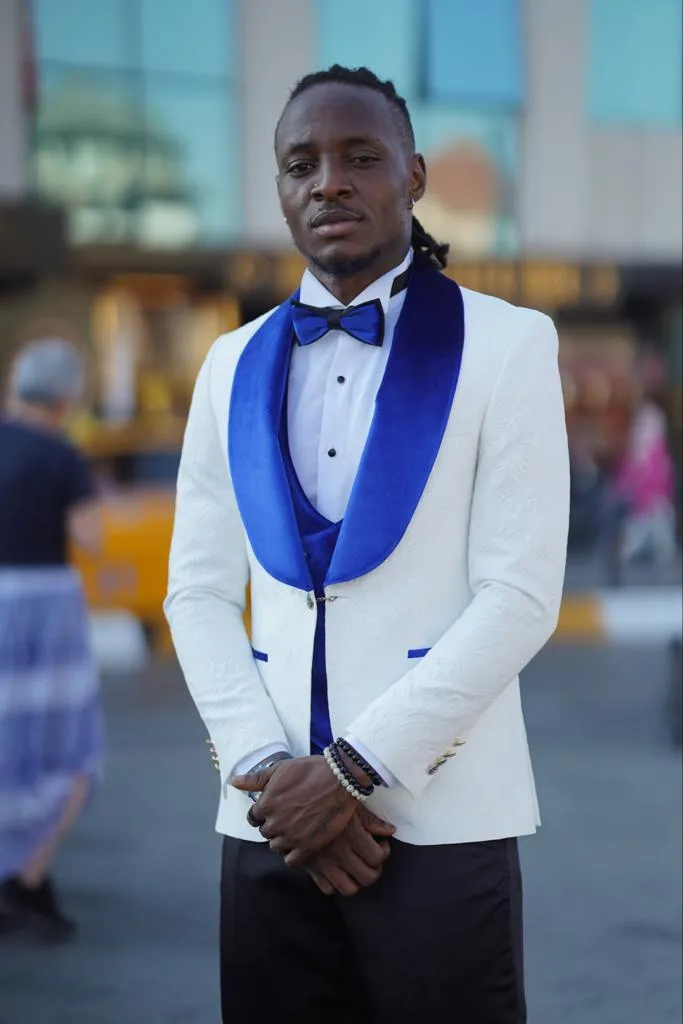 Empire Blue & White Slim Fit Velvet Shawl Lapel Wool Tuxedo