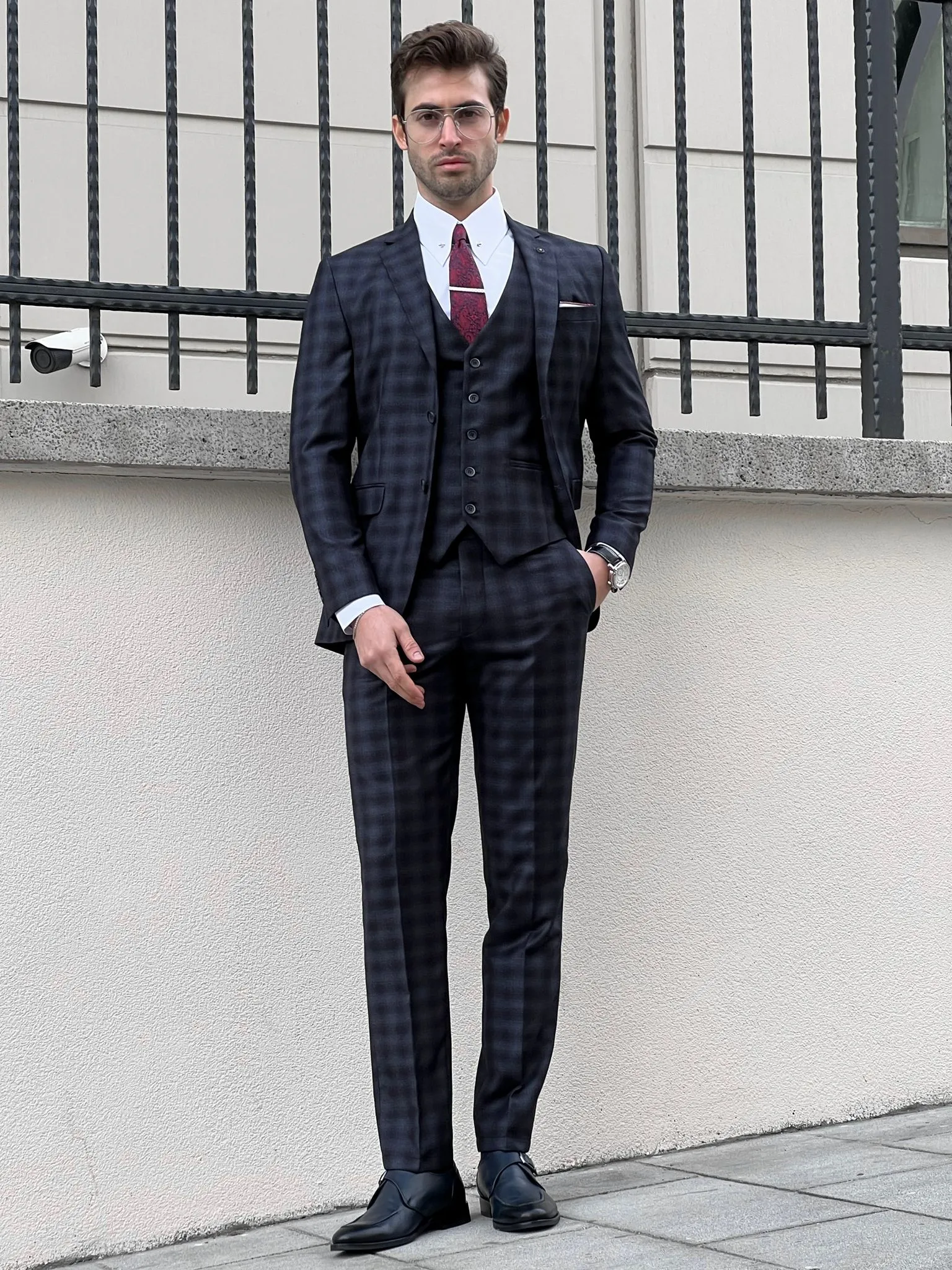 Fabio Navy Blue Plaid Slim Fit Woolen Suit - Elegance Redefined