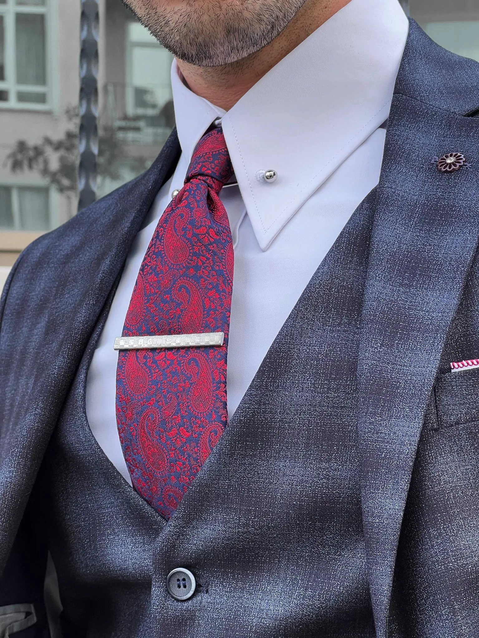 Fabio Navy Blue Plaid Slim Fit Woolen Suit - Elegance Redefined