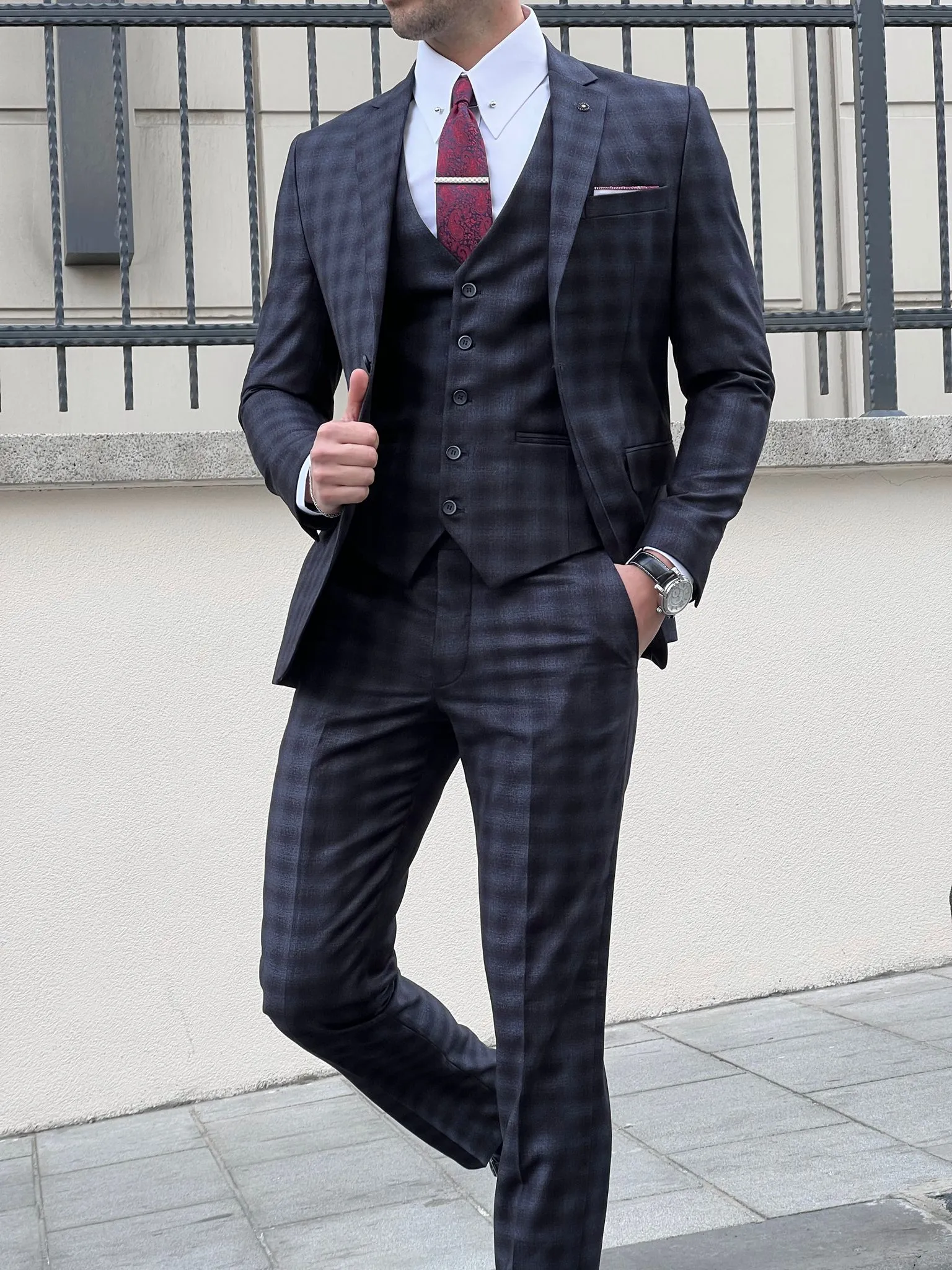 Fabio Navy Blue Plaid Slim Fit Woolen Suit - Elegance Redefined