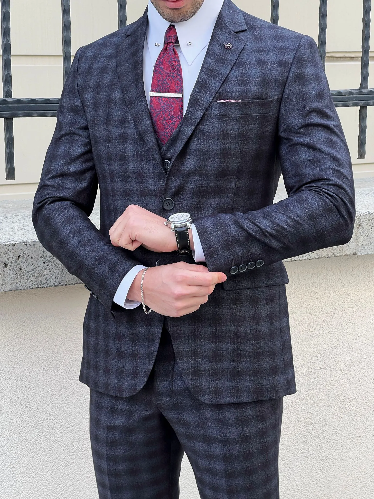 Fabio Navy Blue Plaid Slim Fit Woolen Suit - Elegance Redefined