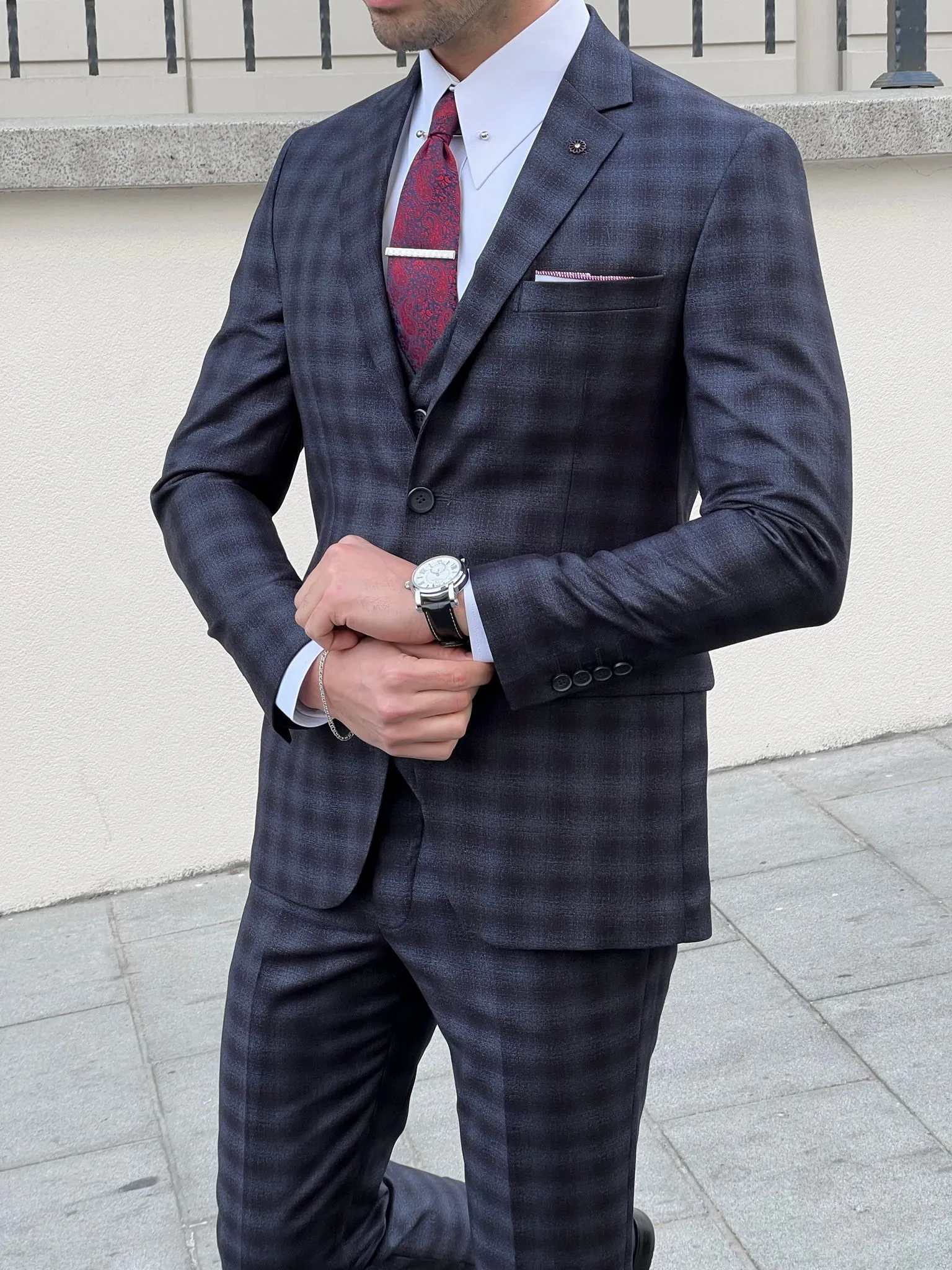 Fabio Navy Blue Plaid Slim Fit Woolen Suit - Elegance Redefined