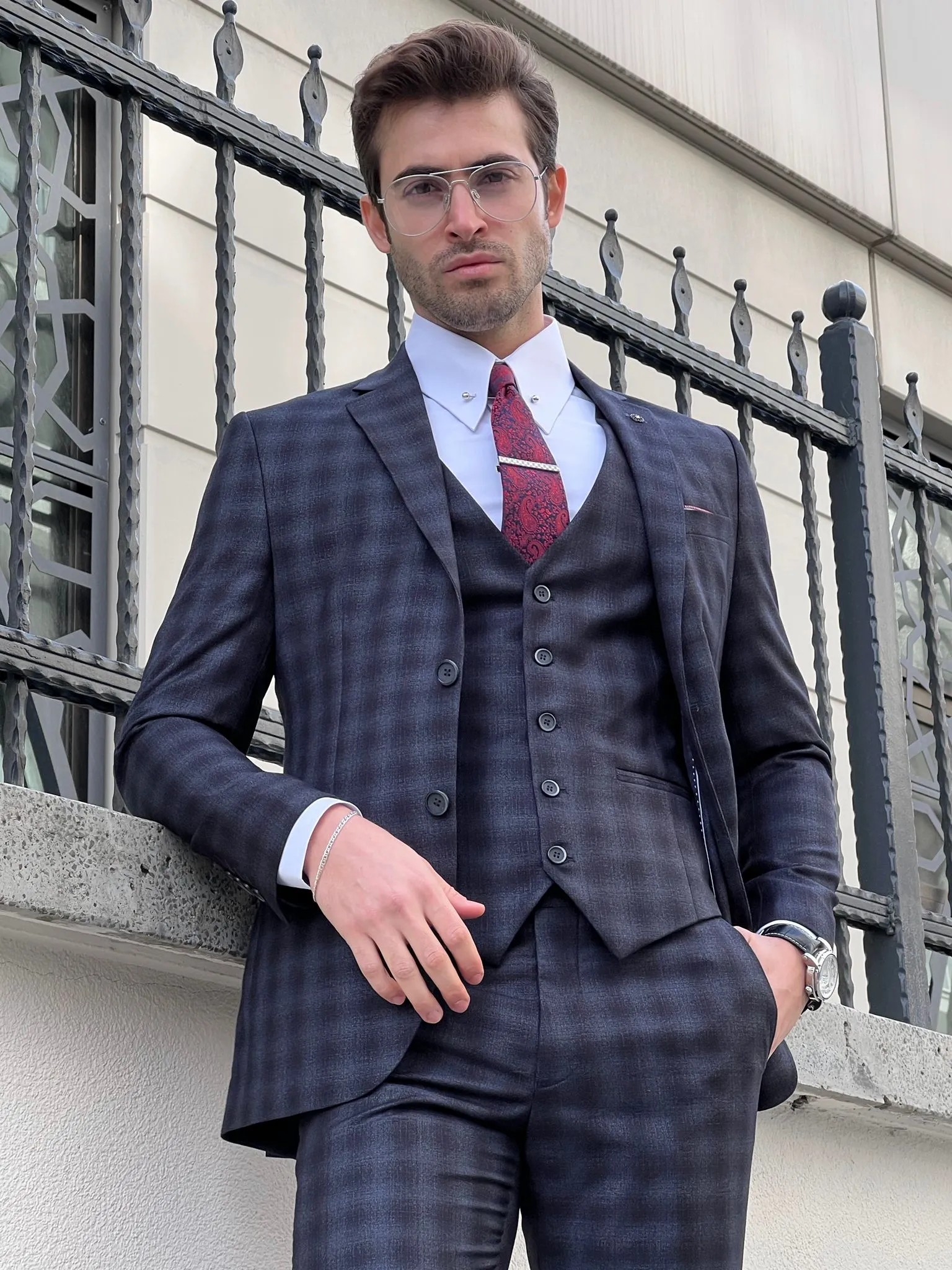 Fabio Navy Blue Plaid Slim Fit Woolen Suit - Elegance Redefined