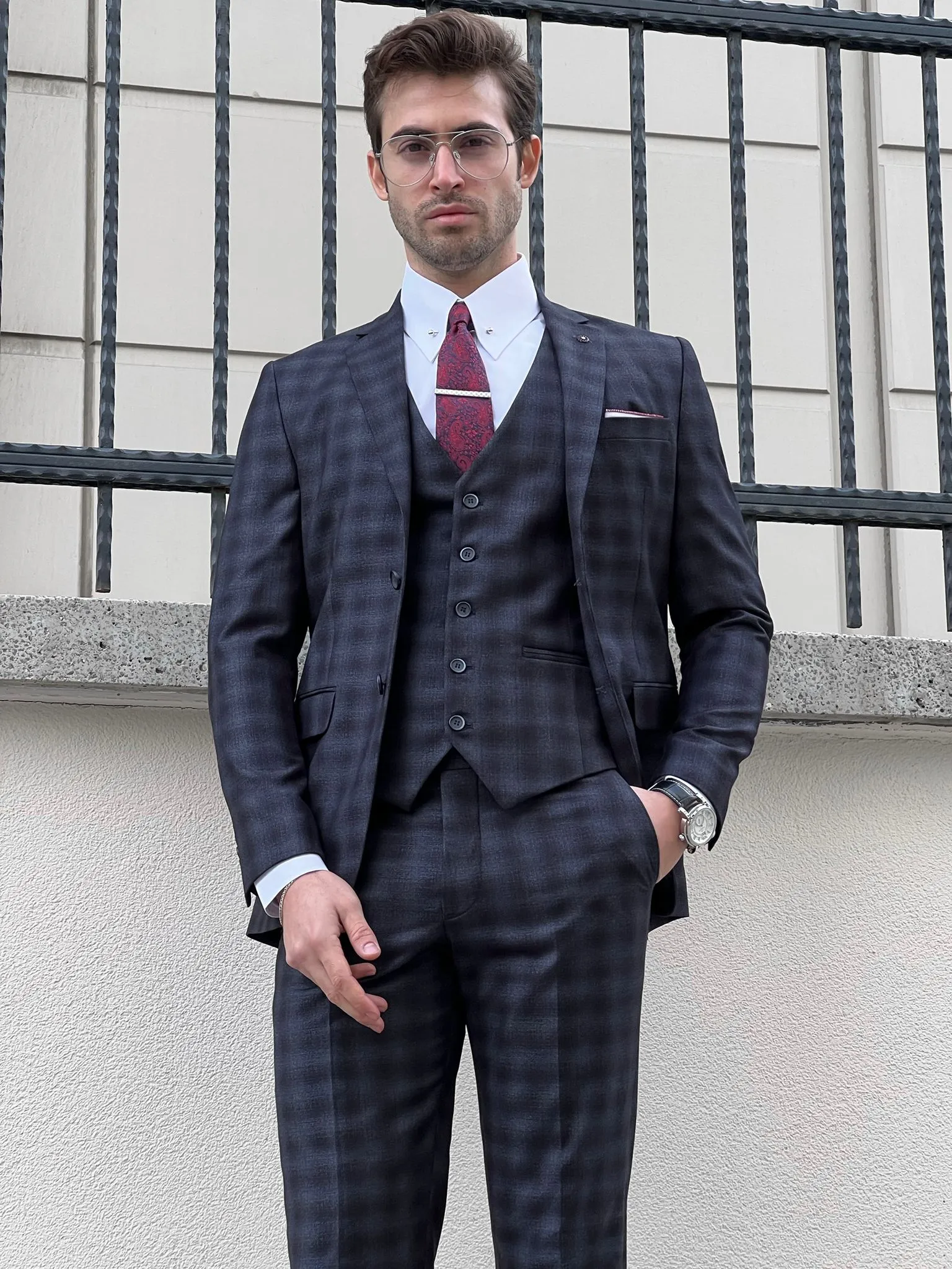 Fabio Navy Blue Plaid Slim Fit Woolen Suit - Elegance Redefined