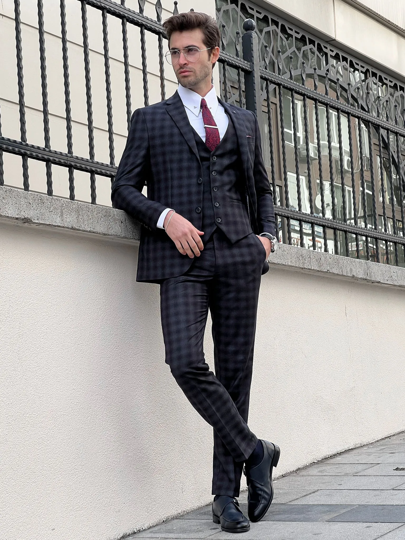 Fabio Navy Blue Plaid Slim Fit Woolen Suit - Elegance Redefined