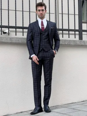 Fabio Navy Blue Plaid Slim Fit Woolen Suit - Elegance Redefined