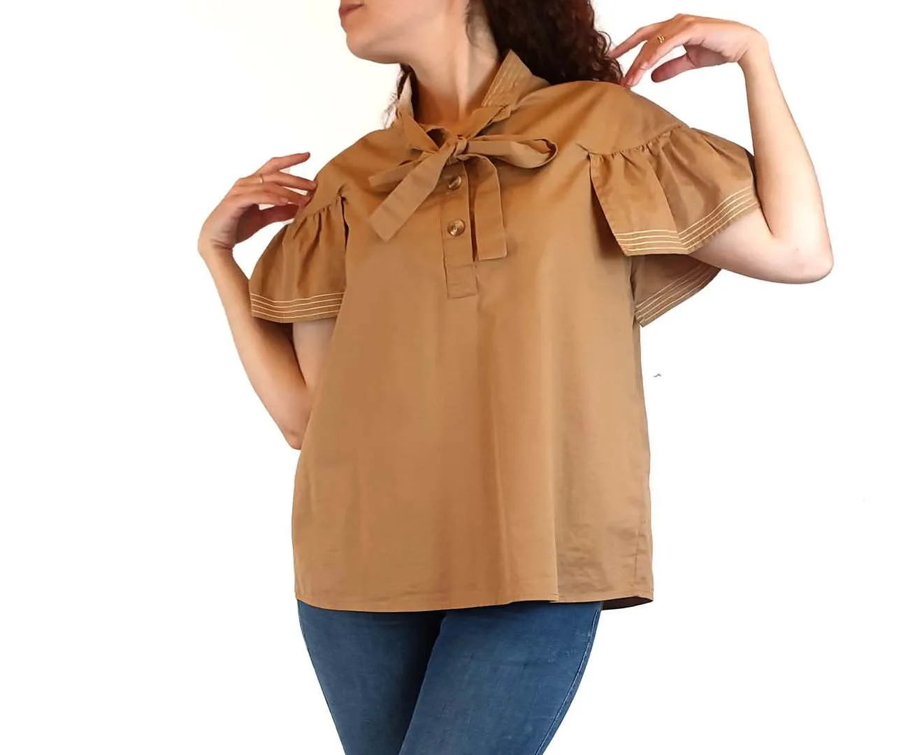 Farrow tan 100% cotton top with contrasting stitching size S