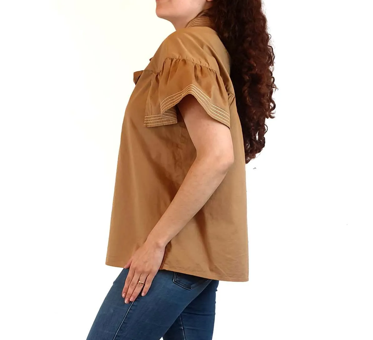 Farrow tan 100% cotton top with contrasting stitching size S