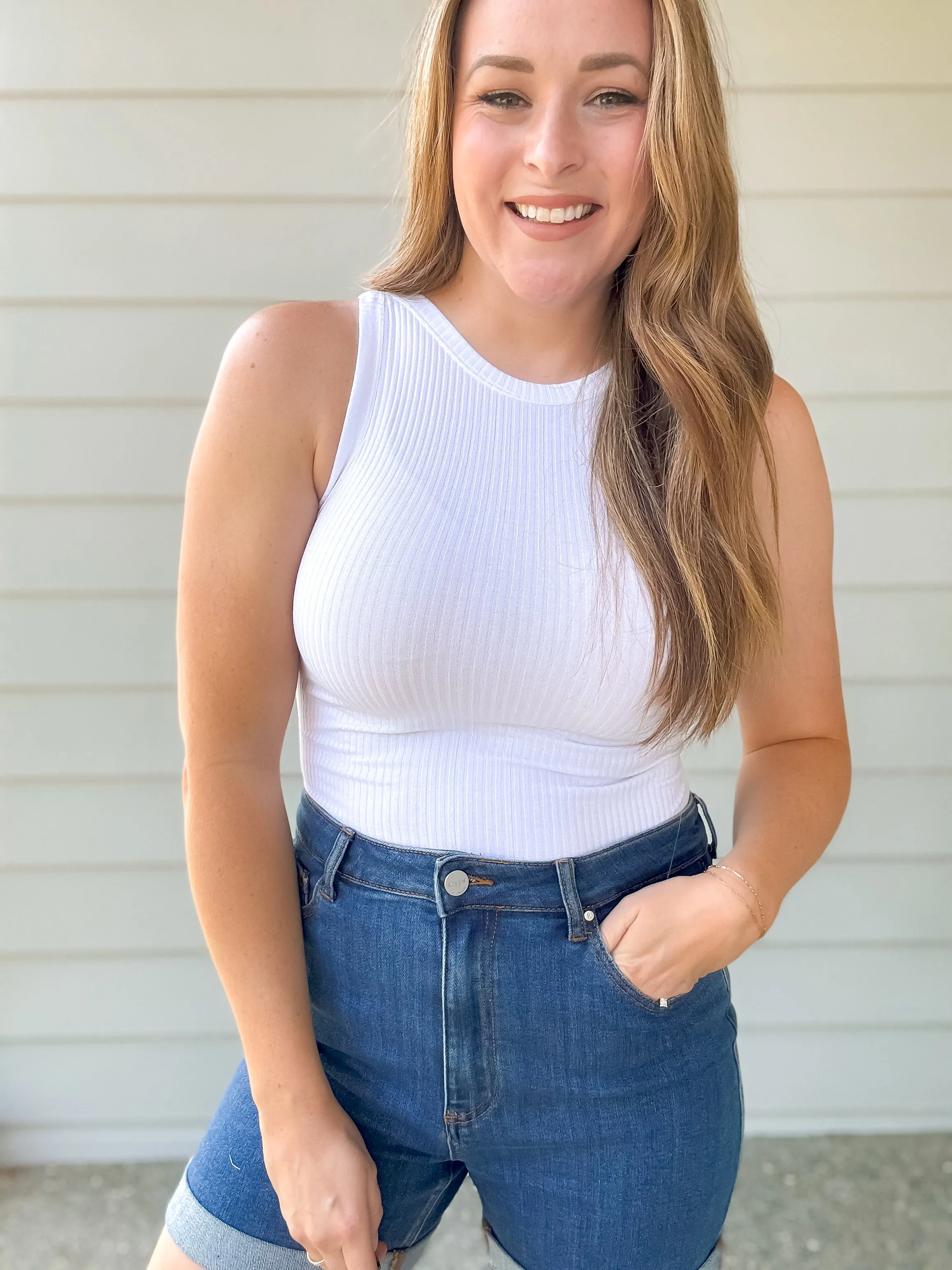 Fitted Ribbed Tank in White