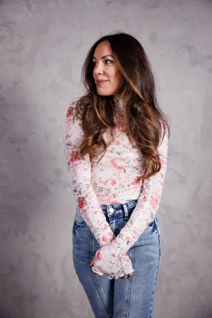 Floral Long Sleeve High Neck Mesh Blouse