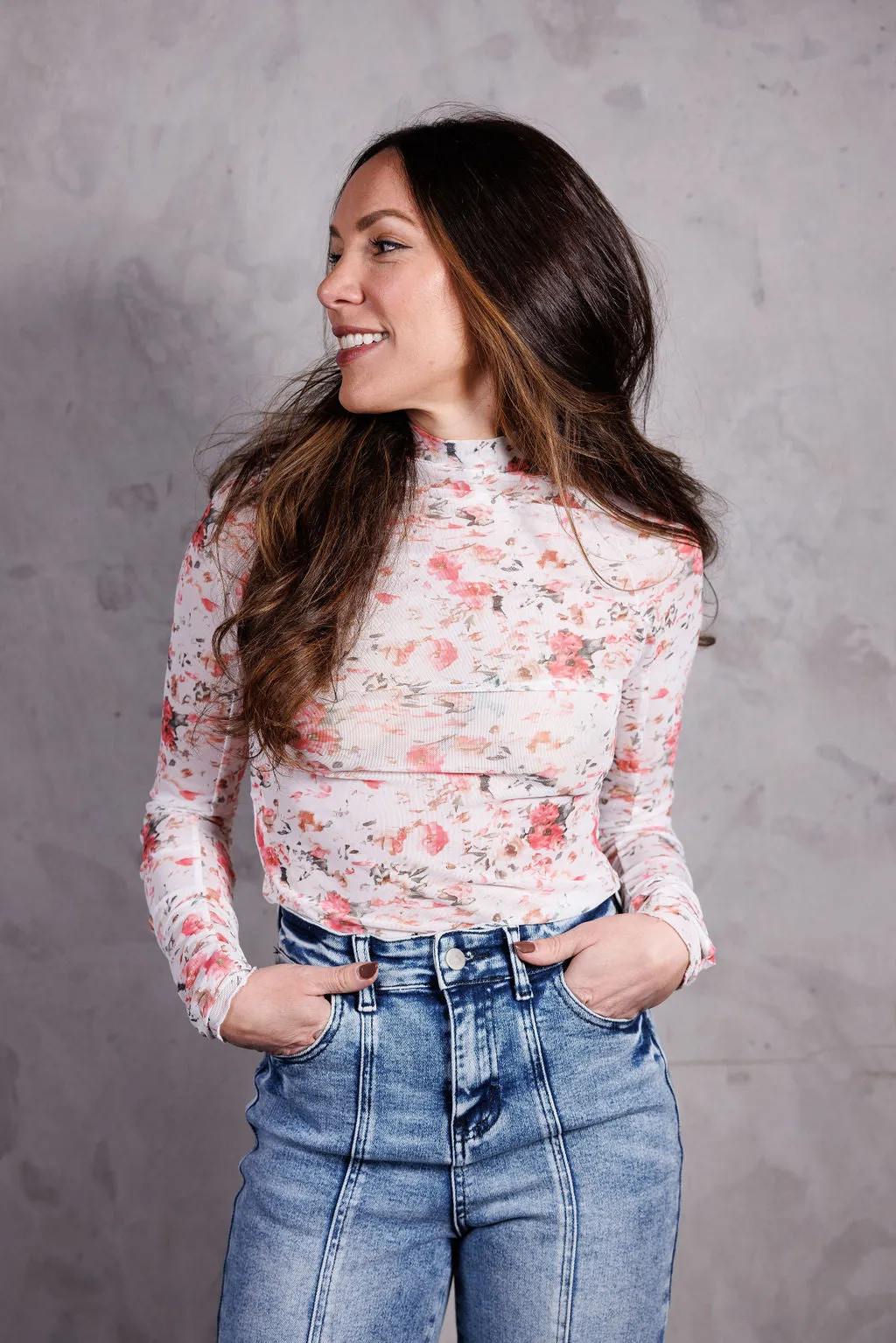 Floral Long Sleeve High Neck Mesh Blouse