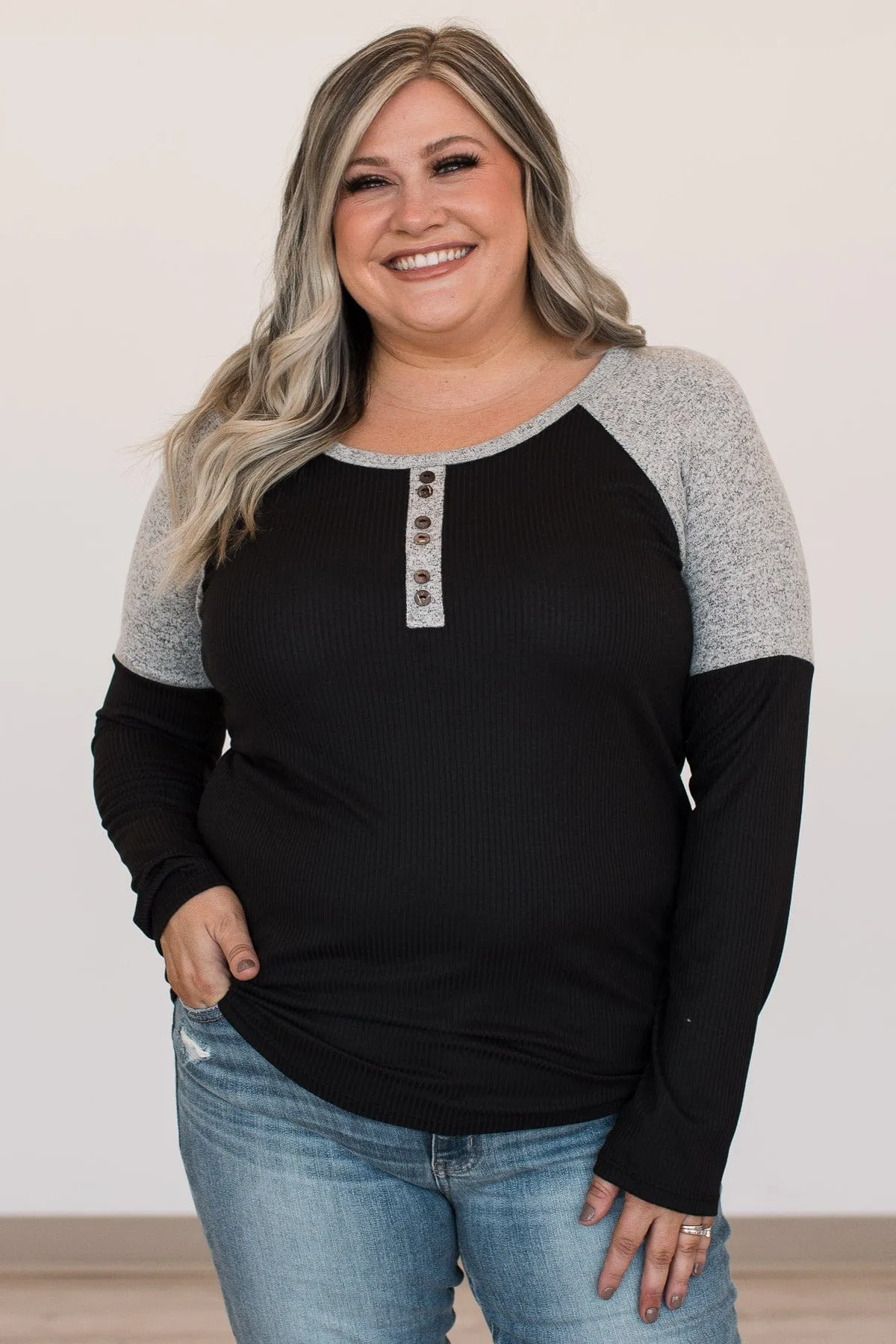 Fresh For Fall Color Block Henley Top- Black & Grey