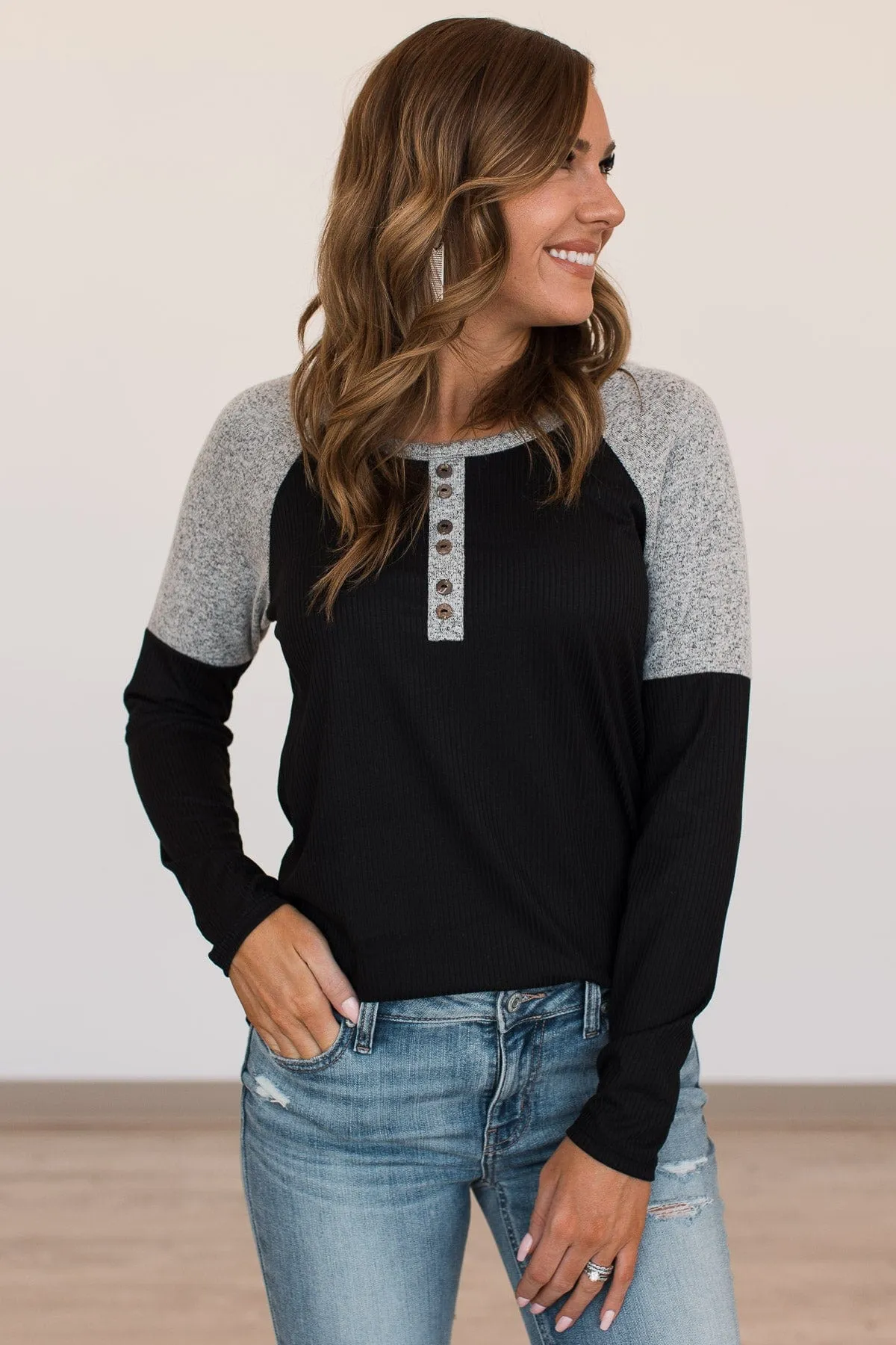 Fresh For Fall Color Block Henley Top- Black & Grey