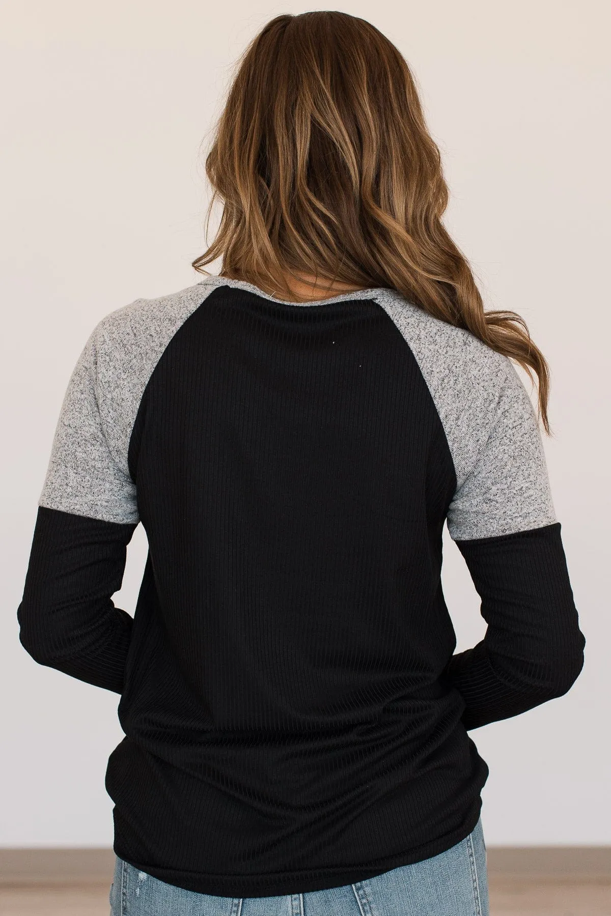 Fresh For Fall Color Block Henley Top- Black & Grey