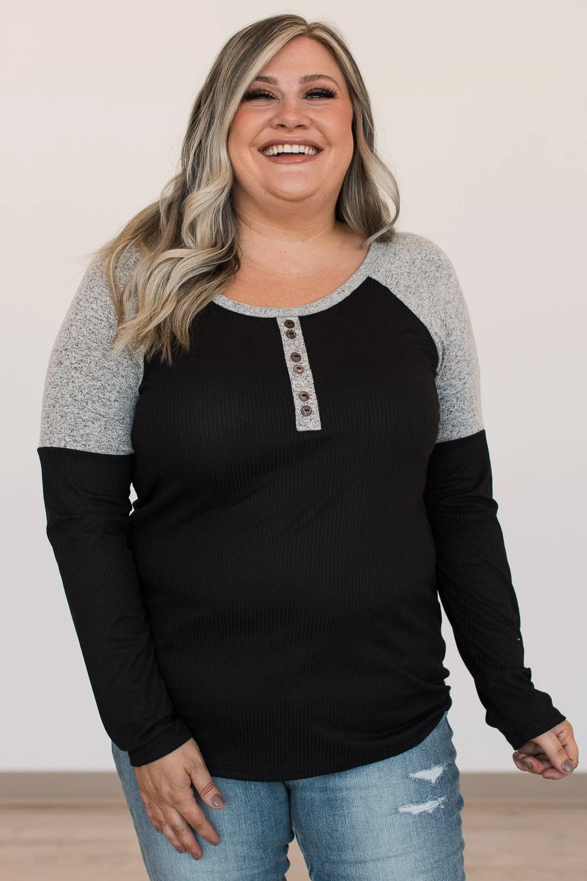 Fresh For Fall Color Block Henley Top- Black & Grey