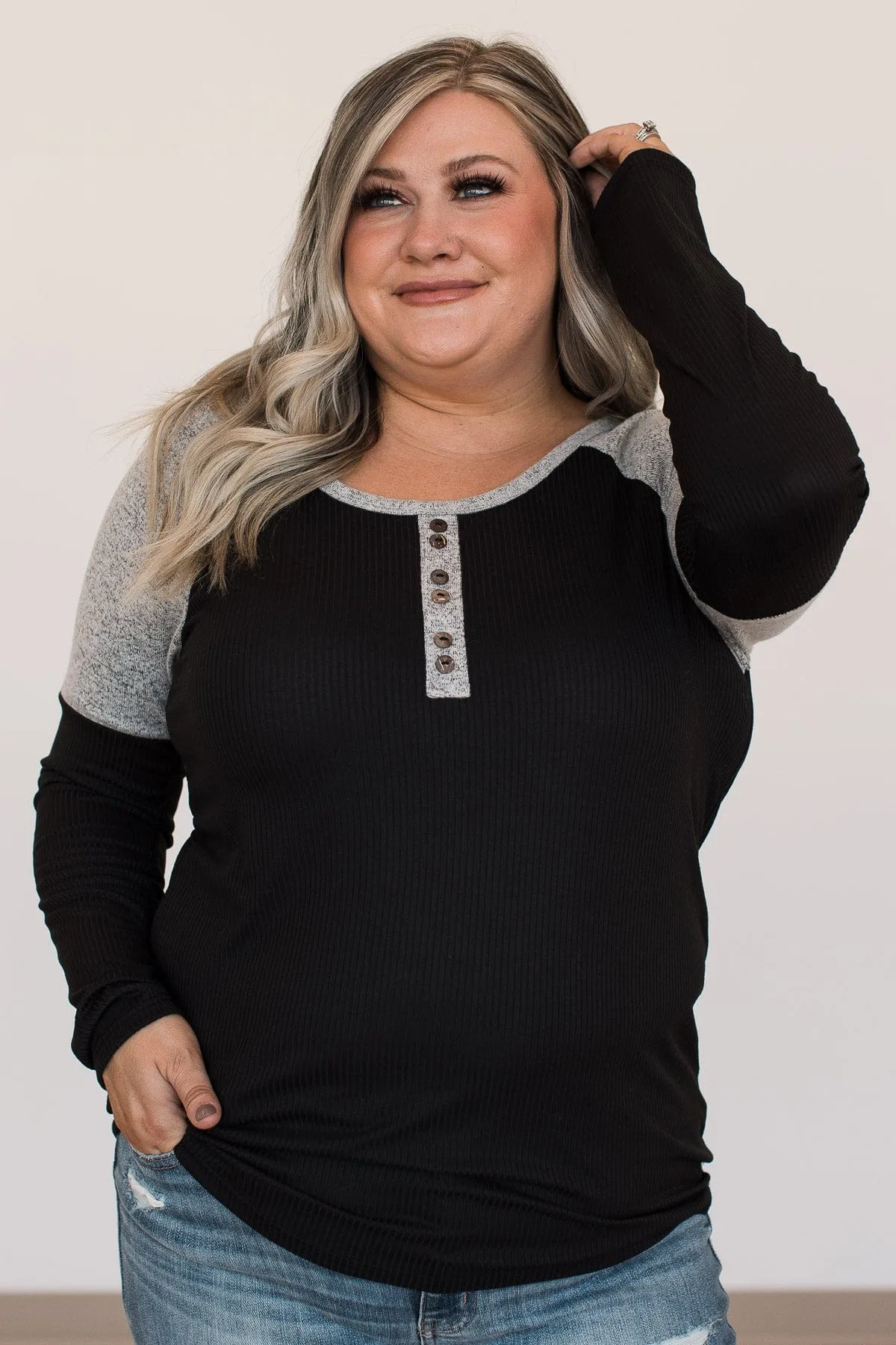 Fresh For Fall Color Block Henley Top- Black & Grey