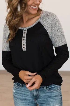 Fresh For Fall Color Block Henley Top- Black & Grey