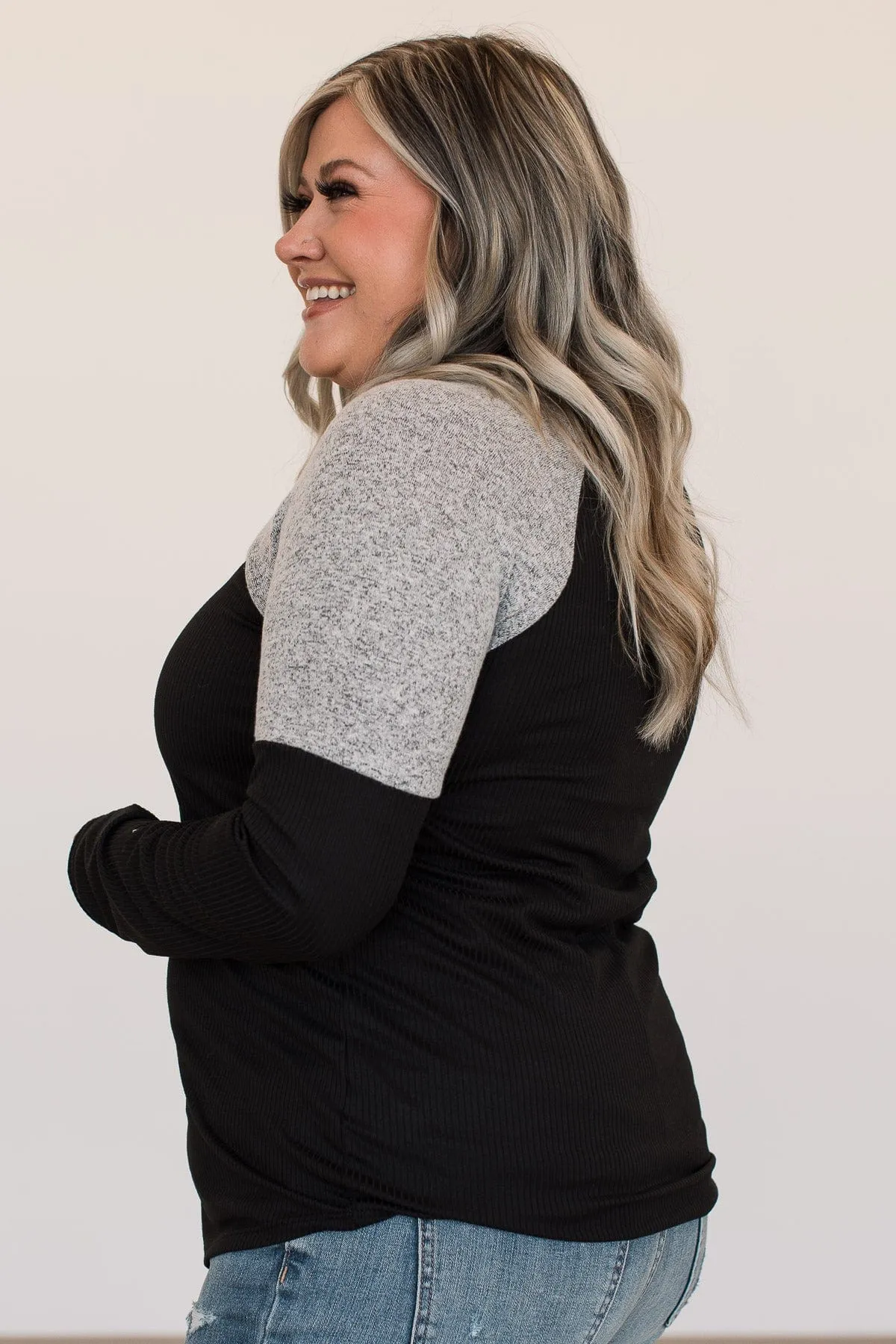 Fresh For Fall Color Block Henley Top- Black & Grey