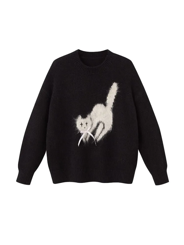 fried cat soft round neck pullover sweater