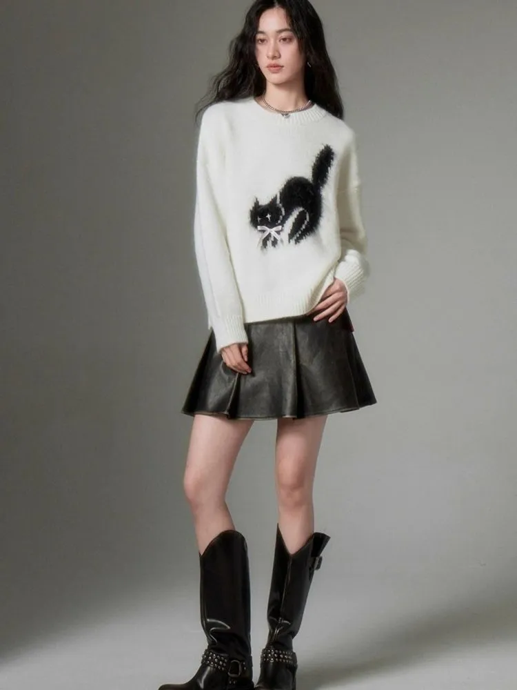 fried cat soft round neck pullover sweater