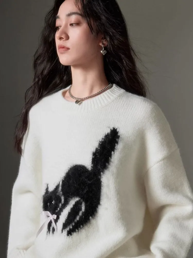 fried cat soft round neck pullover sweater