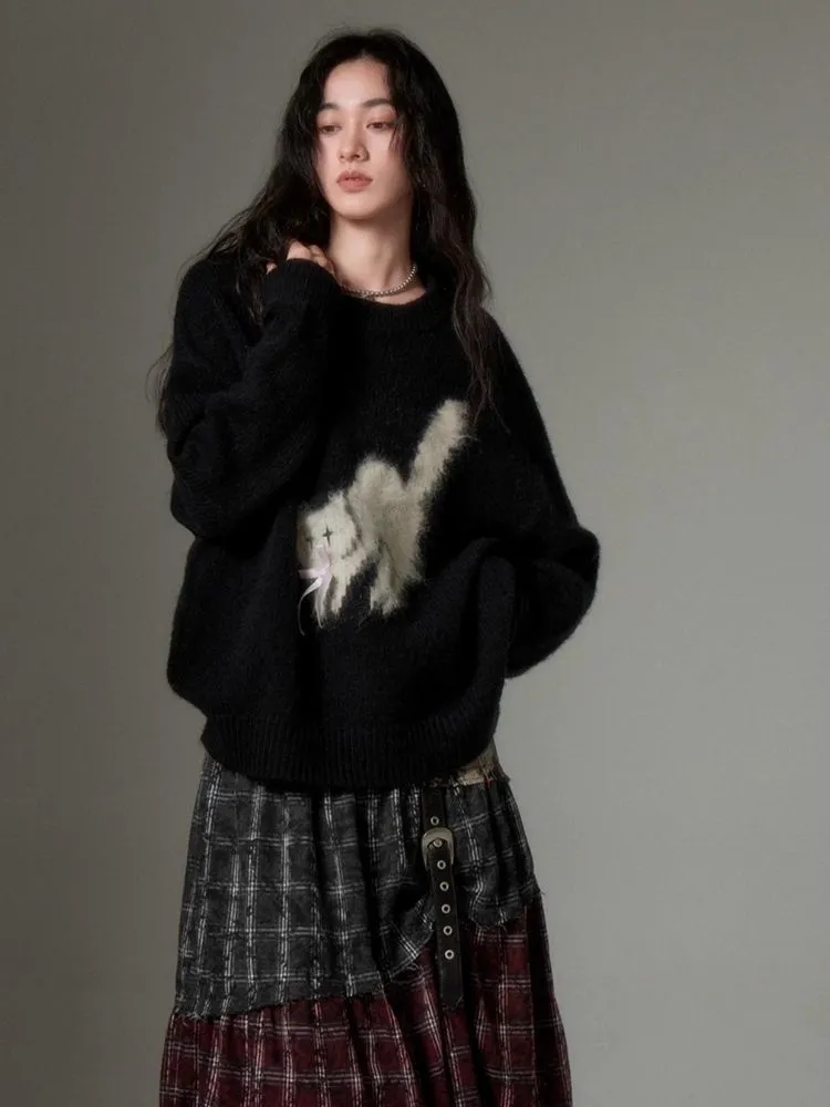 fried cat soft round neck pullover sweater